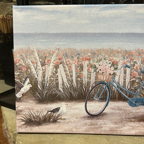 New Wrapped Canvas Scenic Beach Bicycle Canvas Art with Flowers - Picture 3 of 7
